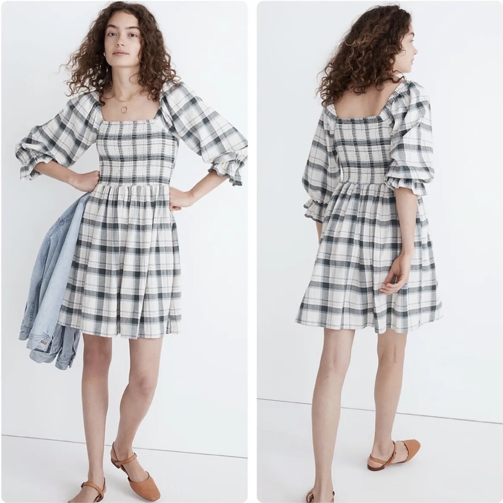 Madewell Lucie Elbow-Sleeve Smocked Mini Dress in Lebaum Plaid M4